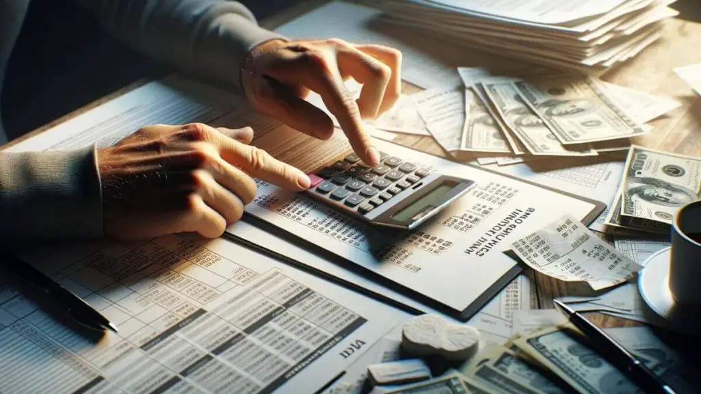 A photorealistic image showing a close-up of a person's hands calculating expenses on a calculator with a notepad full of budget calculations and medical bills nearby, illustrating 'Managing the Financial Strain of a Partner’s Chronic Illness'. The table is cluttered with financial documents, insurance forms, and prescription receipts, highlighting the complexity and volume of financial management involved. The lighting is soft and focused, emphasizing the hands and the financial documents, symbolizing the meticulous and often stressful task of budgeting for healthcare costs. The overall mood of the image conveys a sense of diligence and the weight of responsibility.