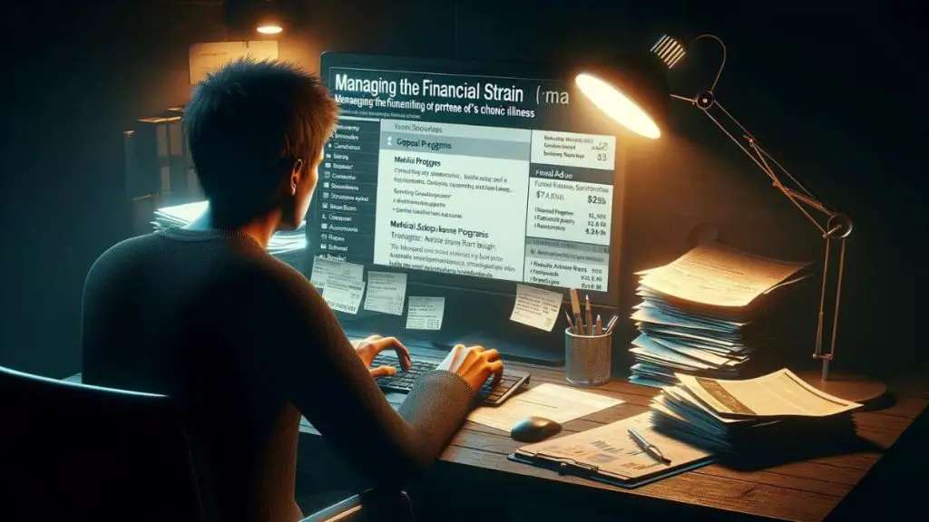A photorealistic image of a person sitting at a desk late at night, illuminated by a desk lamp, researching 'Managing the Financial Strain of a Partner’s Chronic Illness' on a computer. The screen shows open tabs of various assistance programs, financial advice blogs, and medical information. Surrounding the computer are stacks of medical bills, insurance policy documents, and a notepad filled with budget calculations. The person's posture and focused expression reflect the determination and effort required to navigate the financial challenges posed by chronic illness, emphasizing the theme of perseverance and resourcefulness.