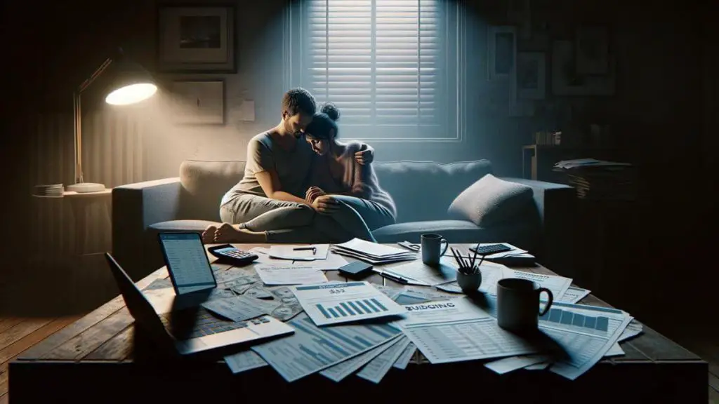 A photorealistic image capturing a moment of solace between a couple managing 'The Financial Strain of a Partner’s Chronic Illness'. They are sitting together on a couch, with financial papers and a laptop open to a budgeting app spread out on the coffee table in front of them. The room is dimly lit by a lamp, creating a quiet, intimate setting. Despite the evident stress reflected in the scattered documents and their furrowed brows, there's a comforting embrace, highlighting the emotional support that bolsters them through financial hardships. The image conveys a message of unity and resilience in the face of adversity.