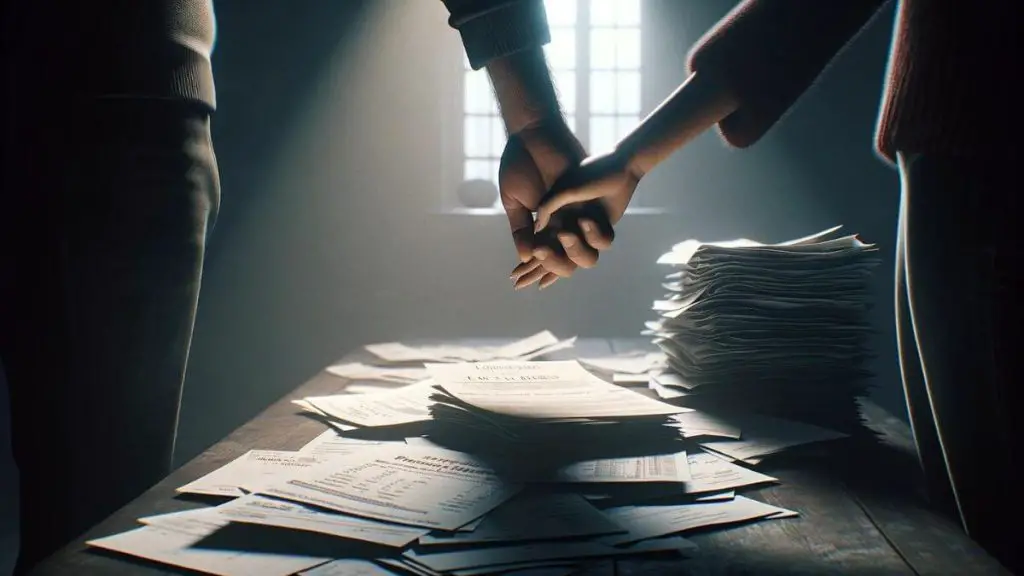 A photorealistic image capturing a poignant moment of a couple holding hands over a stack of medical bills and financial documents, symbolizing their unity in 'Managing the Financial Strain of a Partner’s Chronic Illness'. The scene is set in a dimly lit room, with the stack of bills casting a large shadow, representing the looming challenge they face together. Despite the somber setting, the couple's joined hands in the foreground convey a message of hope, strength, and mutual support, emphasizing that they are not alone in their journey. The focus is on the hands and the documents, with the background intentionally blurred to highlight the emotional and financial struggle.
