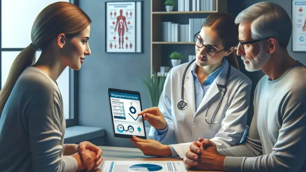 A photorealistic image of a healthcare professional consulting with a couple about 'Managing the Financial Strain of a Partner’s Chronic Illness' in a medical office. The healthcare professional is showing the couple options on a digital tablet, with charts and graphs illustrating different financial plans and assistance programs. The couple appears engaged and hopeful, seeking clarity and solutions. The office setting is professional yet comforting, with medical books and health brochures in the background. The image captures the importance of professional guidance in navigating the financial aspects of chronic illness care.