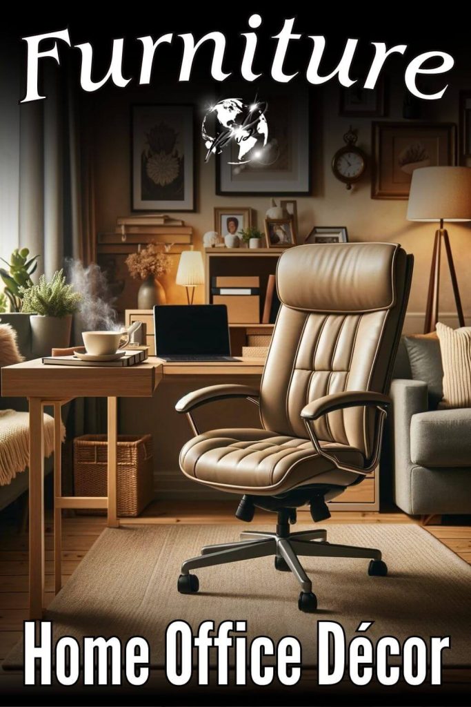 A cozy home office focusing on a chair. The scene features an extremely comfortable yet professional office chair that stands out. The chair is well-cushioned with ergonomic design, positioned at a stylish desk with a modern laptop and a steaming cup of coffee. The office has a warm and inviting atmosphere, with soft lighting, a plush rug on the floor, and tasteful decorations. The walls are adorned with artwork and family photos, and there are plants adding a touch of greenery. The overall look is both homely and conducive to productivity.