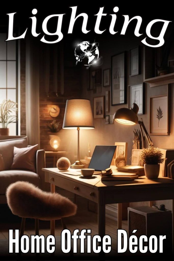 A cozy home office with a focus on lighting. The scene features a stylish desk with a modern laptop, a steaming cup of coffee, and a small, prominent lamp casting warm light. The lamp stands out as the centerpiece, creating a cozy, inviting glow. The office has soft, comfortable furniture and decorations, with a plush rug on the floor. The walls are adorned with tasteful artwork and family photos. Plants add a touch of greenery, enhancing the homely feel. The overall atmosphere is warm and inviting, perfect for productive work.