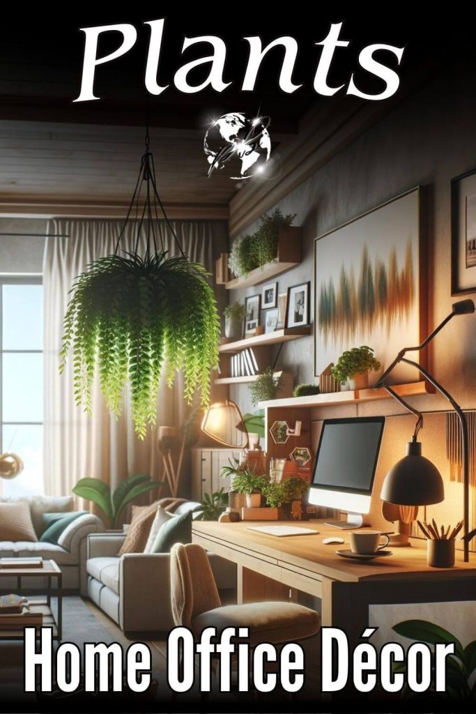 A cozy home office with a focus on a hanging plant. The scene features a stylish desk with a modern laptop and a steaming cup of coffee. A vibrant plant hangs from the ceiling, standing out as a centerpiece. The office has soft, comfortable furniture and decorations, with a plush rug on the floor. Warm, inviting lighting enhances the cozy atmosphere. The walls are adorned with tasteful artwork and family photos, complementing the greenery of the hanging plant. The overall look is both homely and productive.