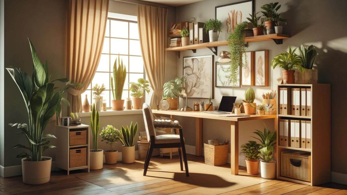 A beautiful home office with a wide aspect ratio. The room is cozy with warm, soft lighting. There are 5 different low-light house plants spread around the room: a snake plant in the corner, a pothos on a shelf, a peace lily on the desk, a ZZ plant on the windowsill, and a spider plant hanging from the ceiling. The office has a wooden desk with a comfortable chair, a laptop, books, and stationery. The walls are decorated with art, and there is a large window with curtains partially drawn, letting in some natural light.