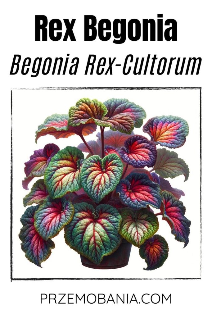 A Rex Begonia (Begonia rex-cultorum) on a white background. The plant has large, colorful leaves with various shades of green, red, and purple.