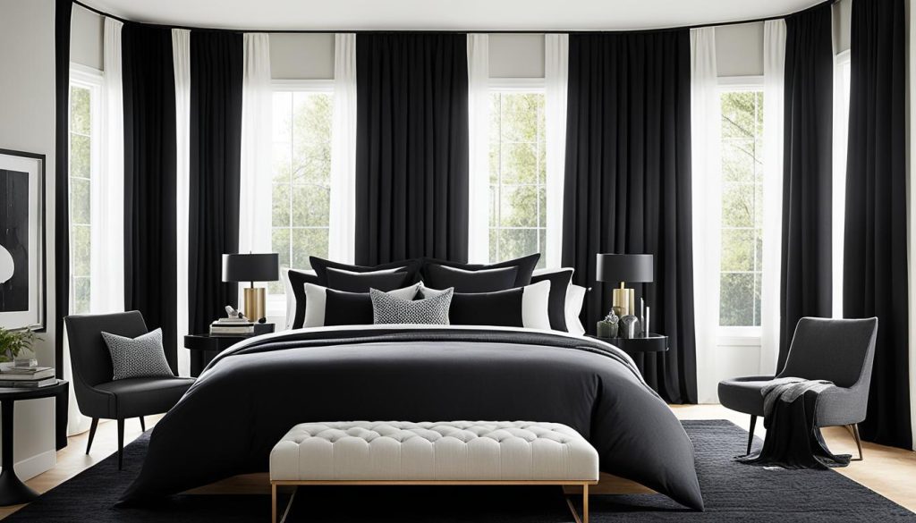 Bedroom decor with black curtains