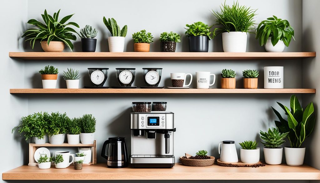 Coffee station tucked under floating shelves