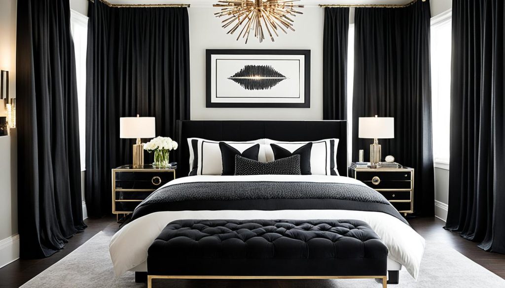 Minimalist bedroom with black curtains