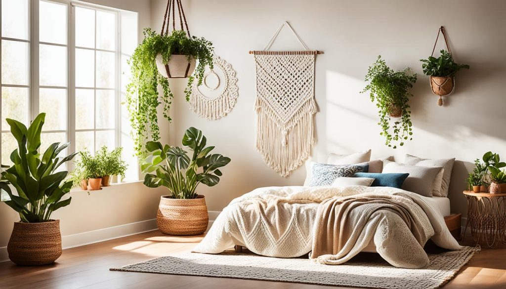 Moroccan-style rugs and macrame plant hangers