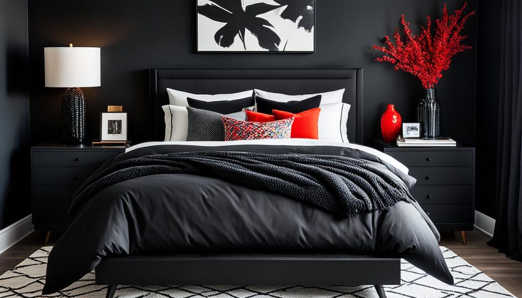 accent colors in small black bedroom