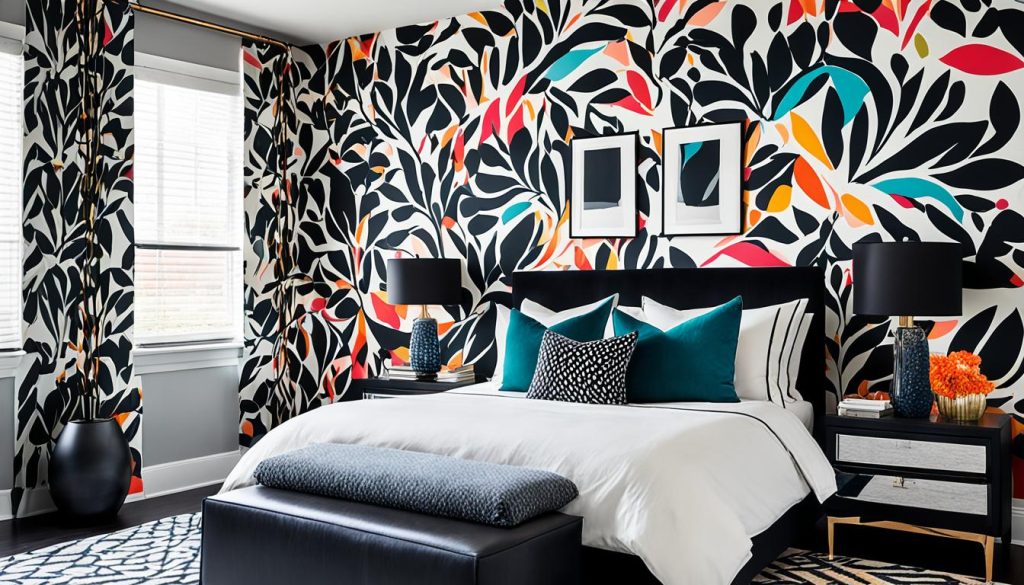 black furniture with bold wallpaper