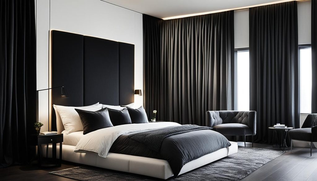 contemporary bedroom with dark curtains