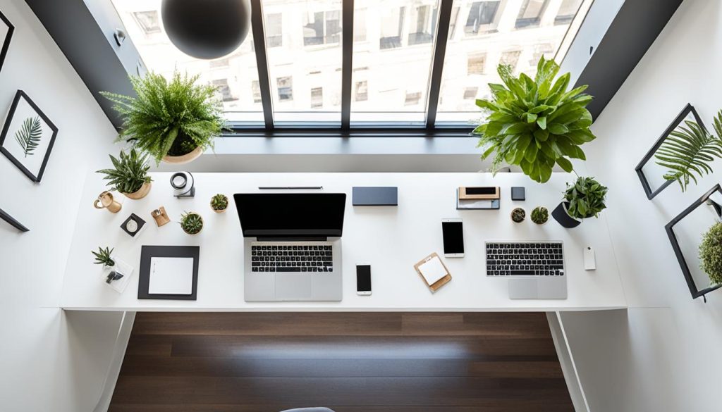 floating desk in center of room