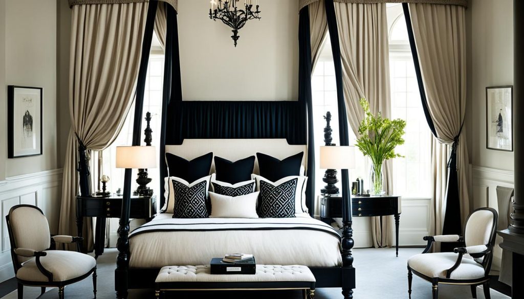 neoclassical style bedroom with black curtains