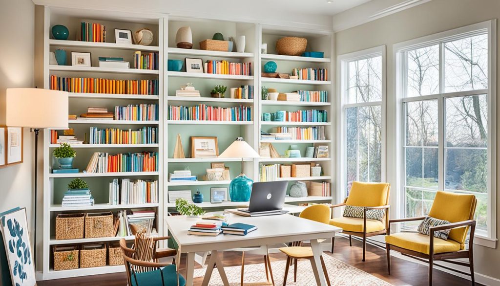 sunroom office bookshelves