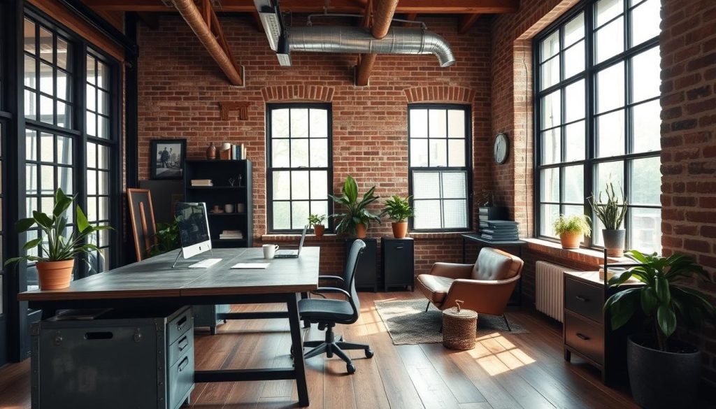 Industrial home office with metal and wood surfaces