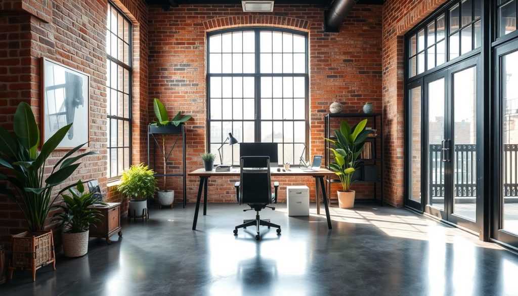 exposed brick walls and concrete floors