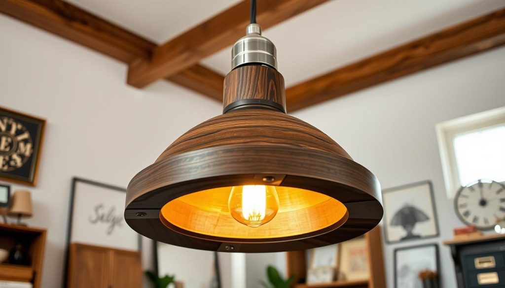 farmhouse walnut wood industrial pendant light