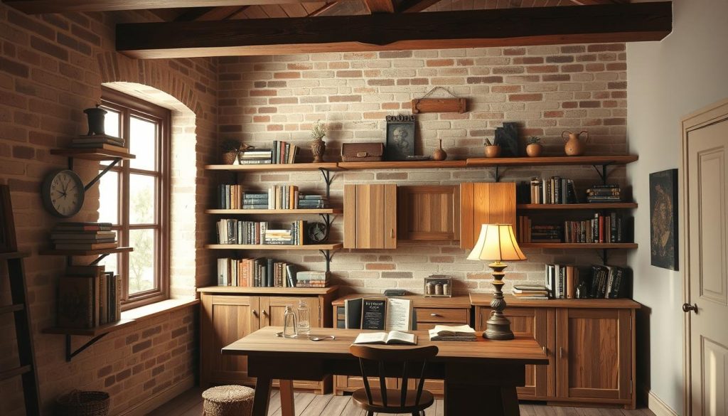 rustic home office with open shelves and wall-mounted cabinets