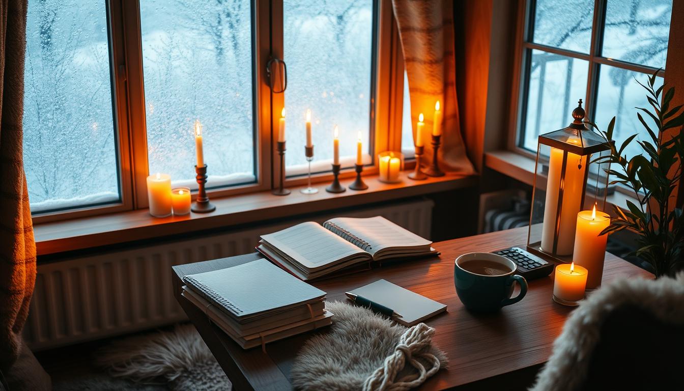 Candles in winter home office decor