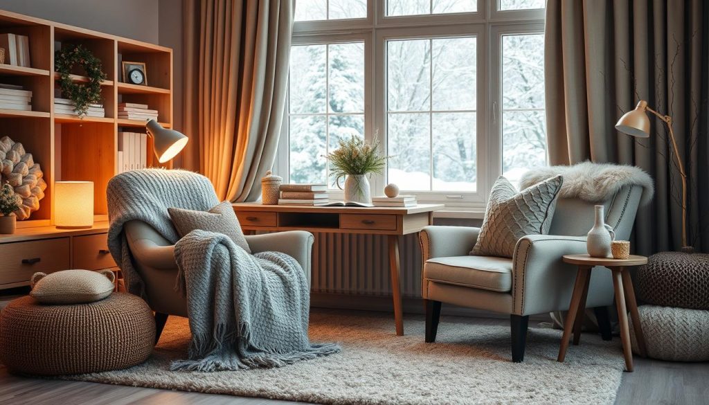 Cozy home office decor with throws and cushions