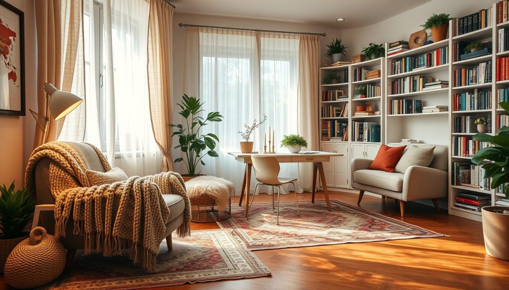 Cozy home office with textured textiles