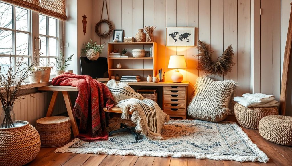 Cozy textiles in winter home office