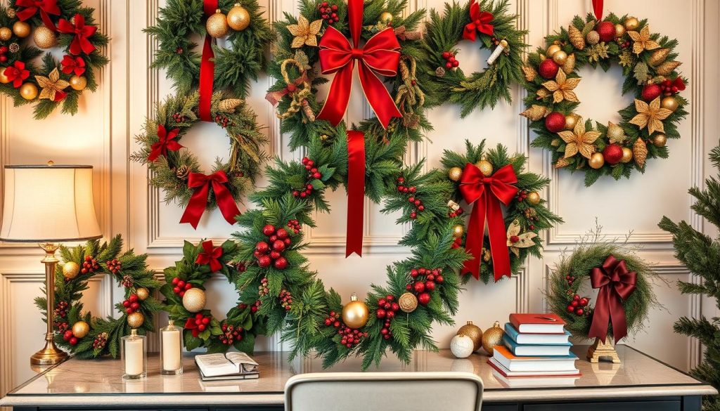 Decorated wreaths for DIY Christmas office art