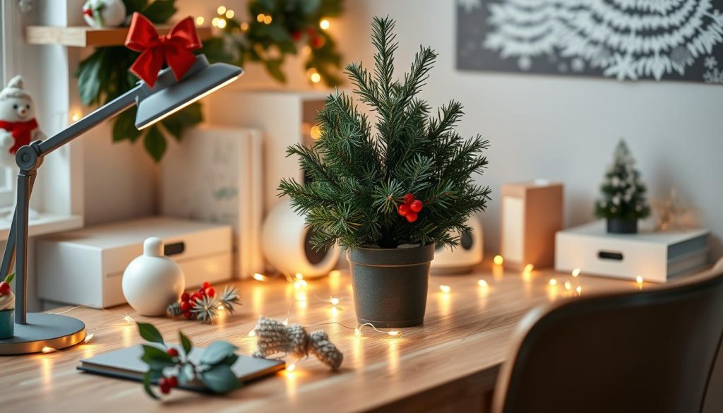 Desk decor with seasonal greenery