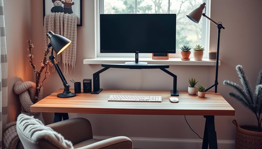 Ergonomic home office with monitor stand and desk organizer