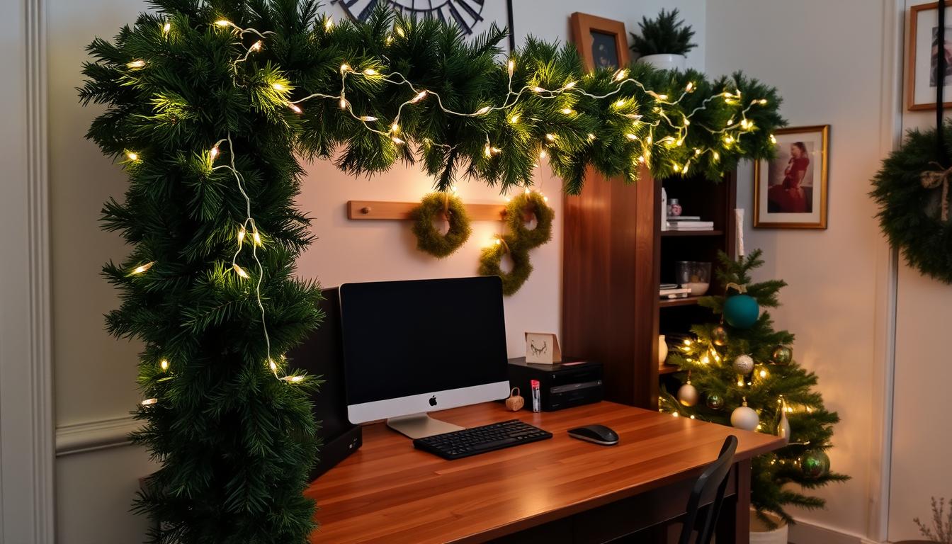 Garland in Christmas home office decor