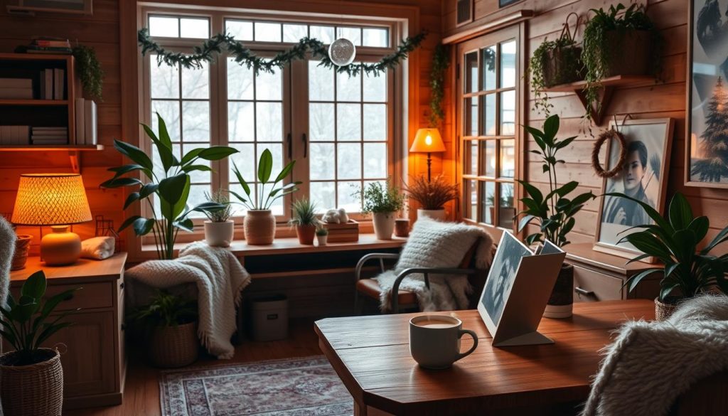 Hygge home office with natural wood furniture