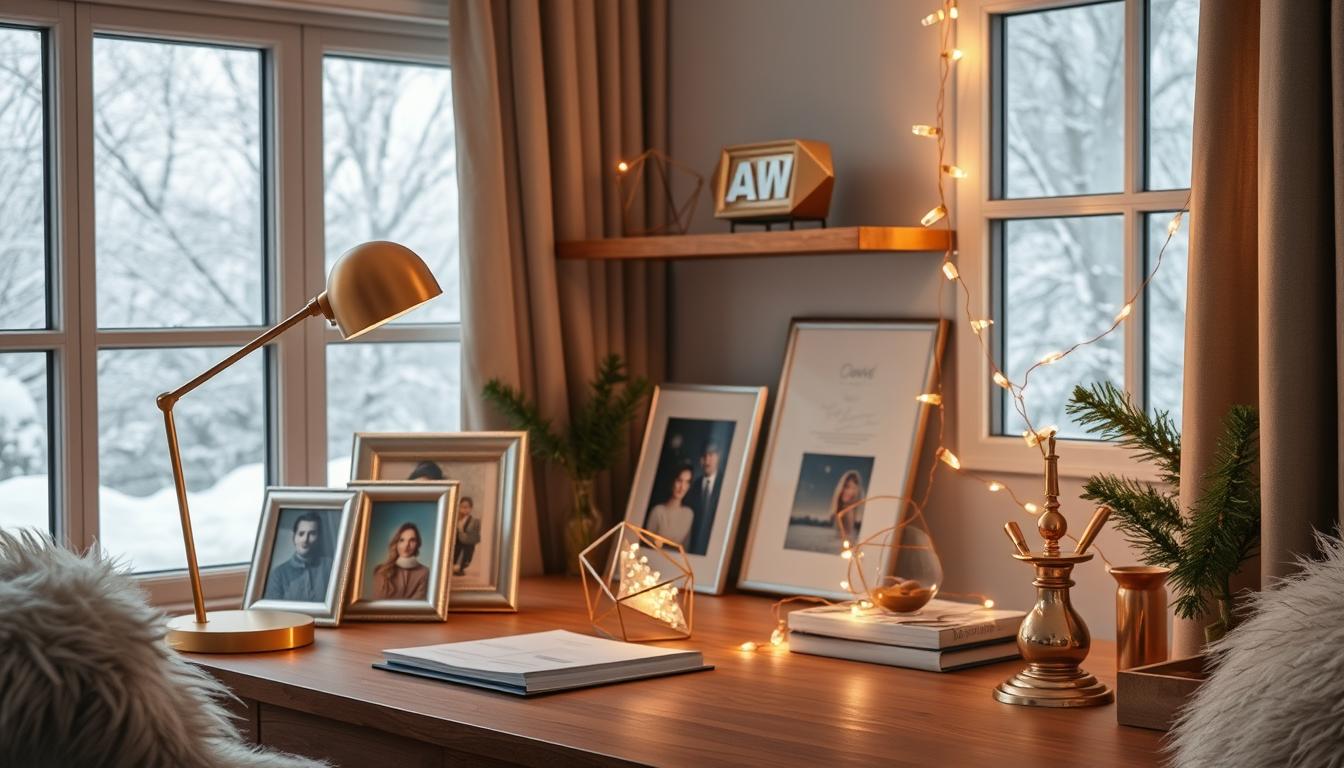 Metallic accents winter home office decor