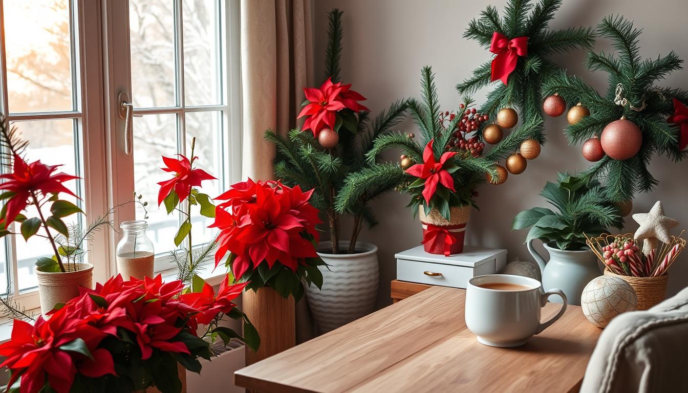 Seasonal plants in winter home office decor