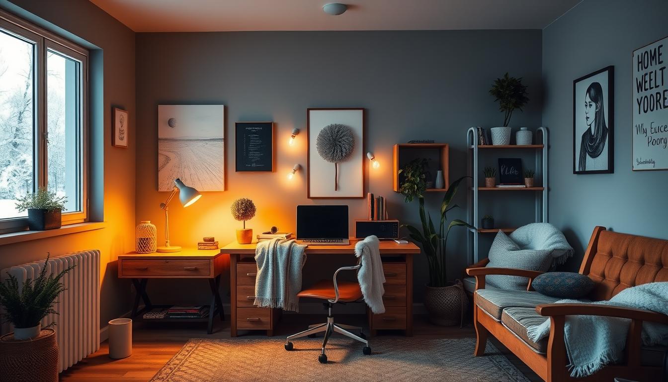 Warm and cool tones winter home office decor