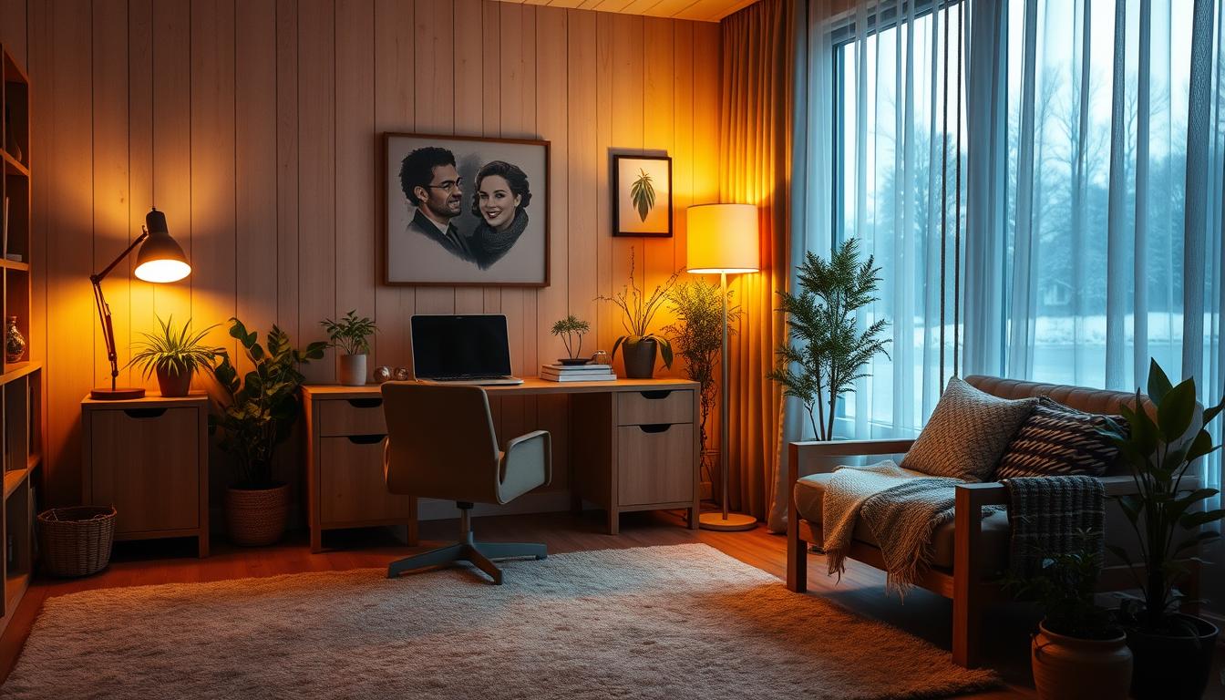 Warm lighting winter home office decor