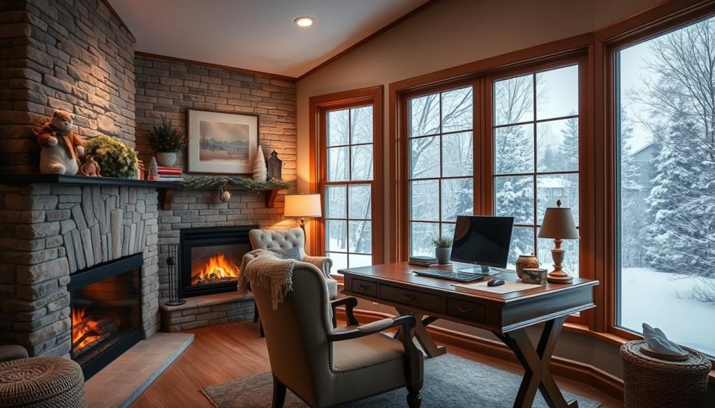 cozy fireplace home office