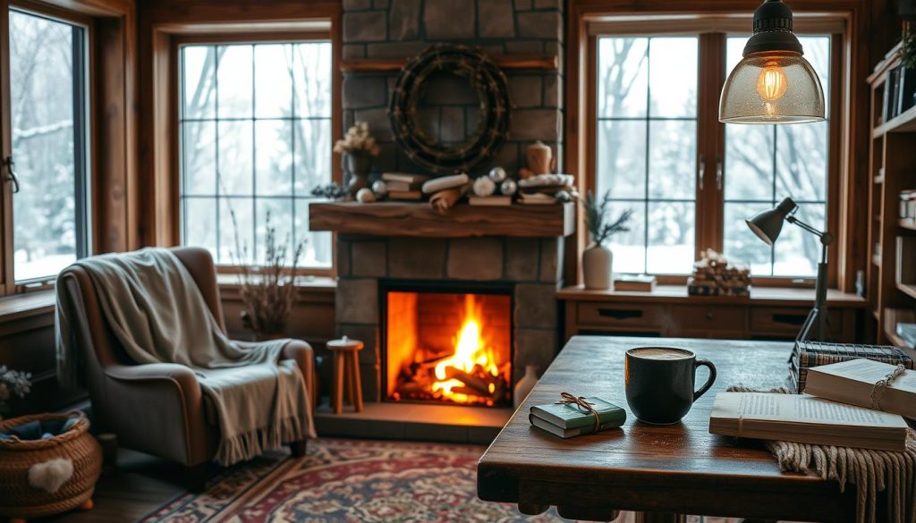 cozy winter home office fireplace