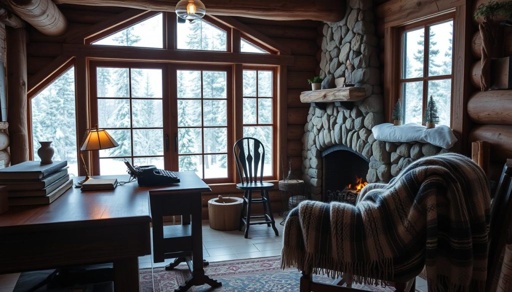 rustic winter cabin office