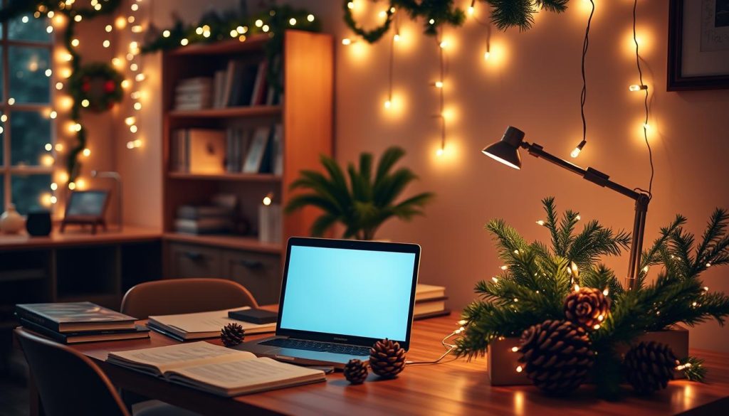 warm white Christmas lights in home office