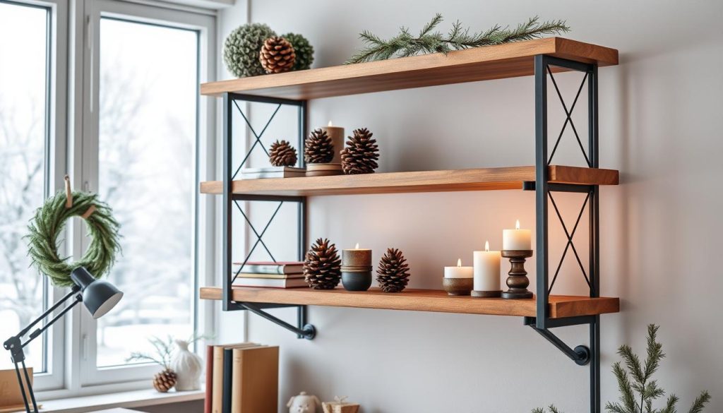 wood and metal winter shelving