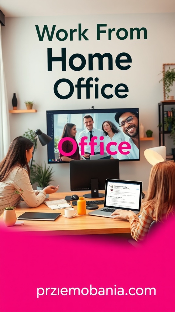 A modern home office setup featuring a virtual team meeting on a screen with two people working collaboratively.