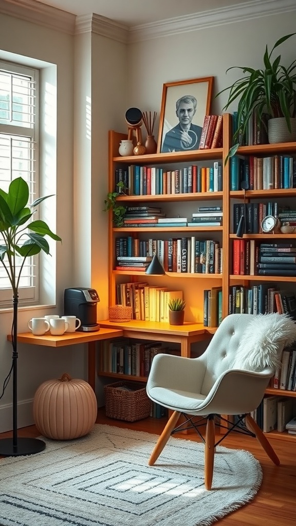 Cozy library corner with coffee station, bookshelves, and comfortable chair