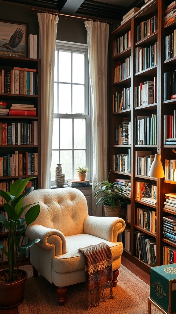 Cozy reading nook with a comfortable armchair and bookshelves filled with books, featuring plants and warm lighting.