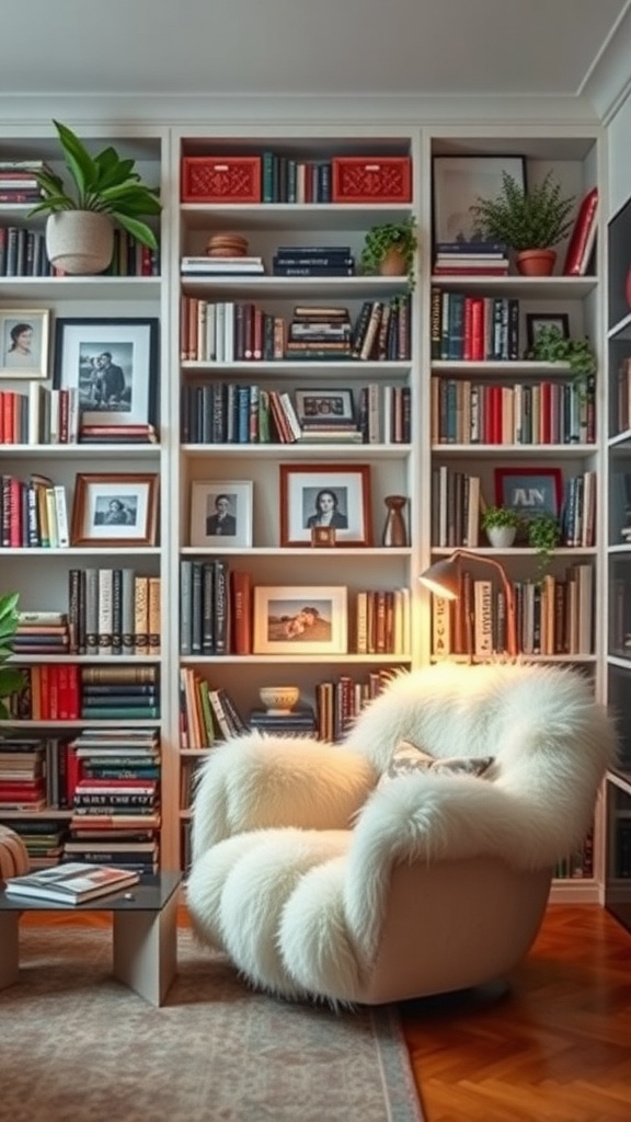 Cozy home library with bookshelves, family photos, and a comfortable chair