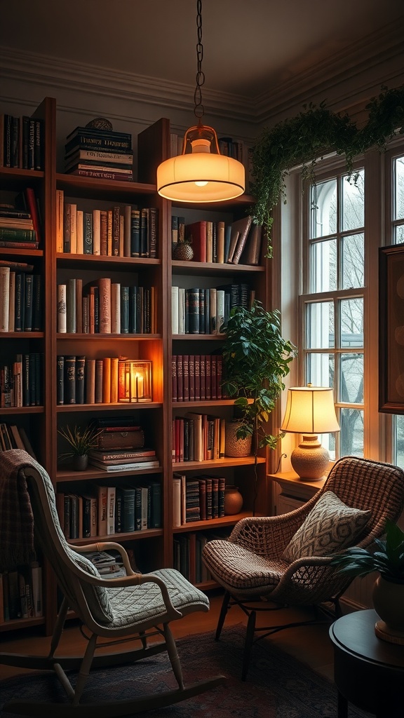 A cozy home library with warm ambient lighting, bookshelves filled with books, and comfortable seating.