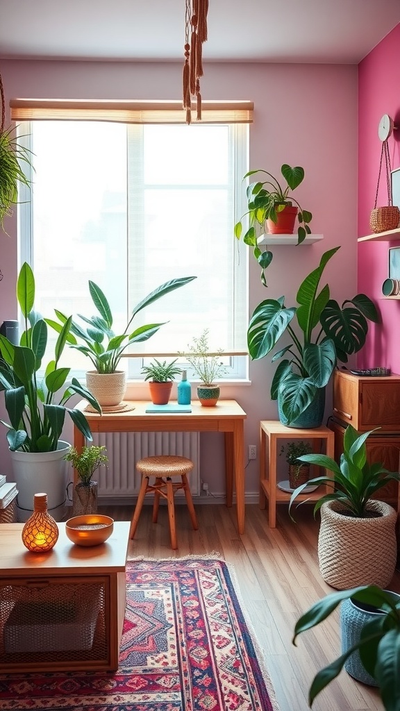 A cozy boho office space filled with plants and natural light