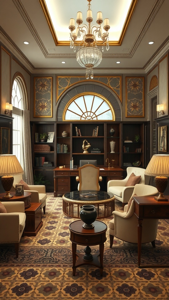 Elegant Art Deco inspired home office with classic furniture and sophisticated decor