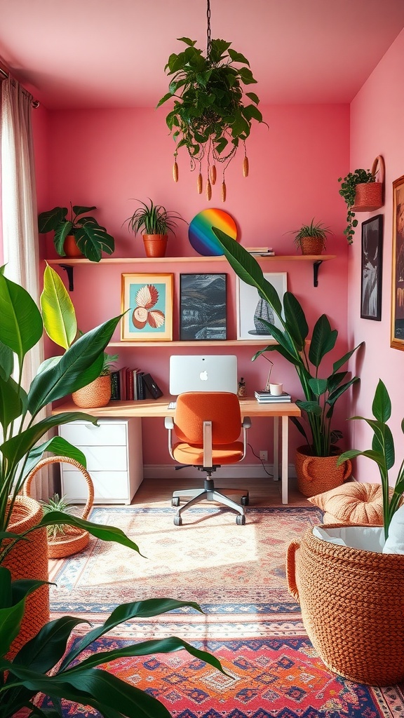 A vibrant boho office nook featuring a pink wall, modern desk, orange chair, plants, and cozy textiles.